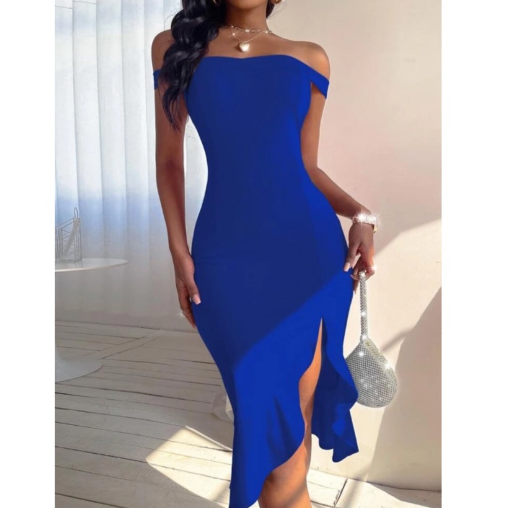 Slit thigh ruffle hem bodycon dress black